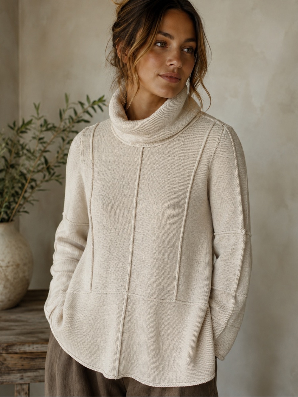 Pure handknit sweater,100% Cotton, Cowl Neck,Turtleneck, Rolled Edges
